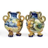 Two Florence maiolica small two-handled vases, late 19th century, manganese cockerel marks for the