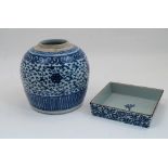 A Chinese blue and white ovoid jar, late 19th/early 20th century, lacking cover, 19cm high; together