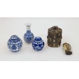 A collection of Chinese objects, 19th-20th century, comprising of two small blue and white jars