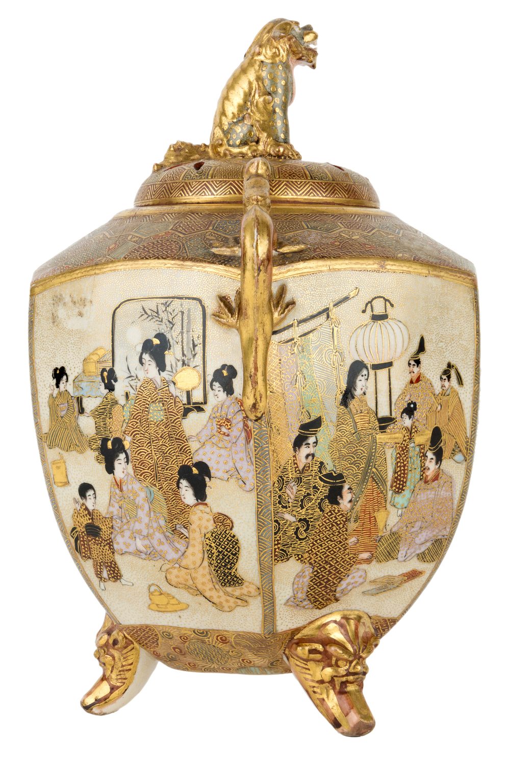 A Japanese gilt Satsuma tripod incense burner, Meiji period, koro, of octagonal form raised on - Image 2 of 2
