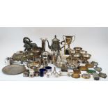 A large assorted collection of silver plate, to include: two pierced belts; a teapot; five