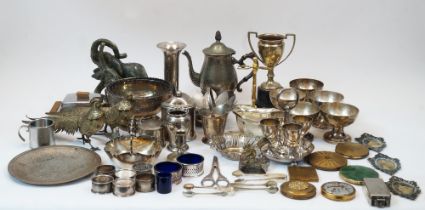 A large assorted collection of silver plate, to include: two pierced belts; a teapot; five