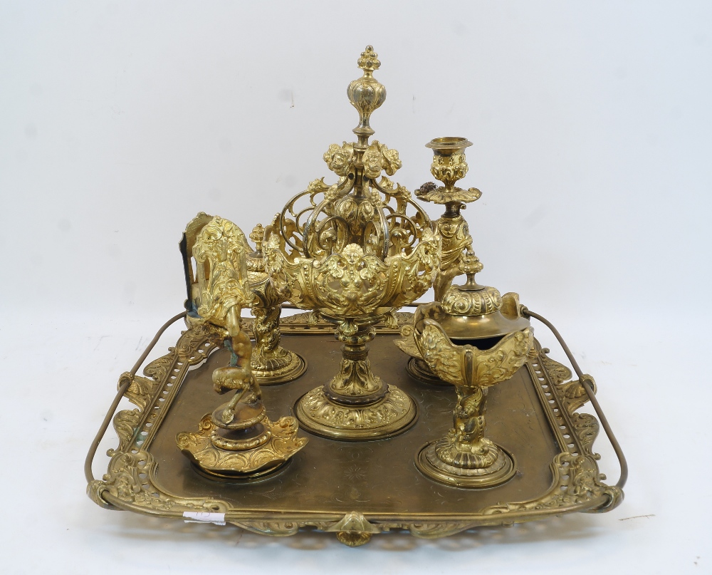 A Continental gilt metal table or desk-top centrepiece, 19th century, the tray with rococo style