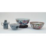 Four pieces of Chinese porcelain, to include a punch bowl with scrolling lotus and fruit decoration,
