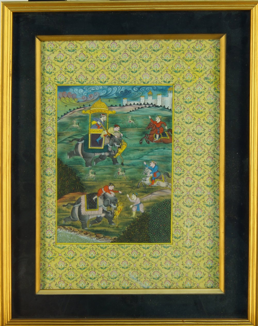 A Persian miniature painting, early 20th century, depicting a hunting scene with nobles riding - Image 2 of 2