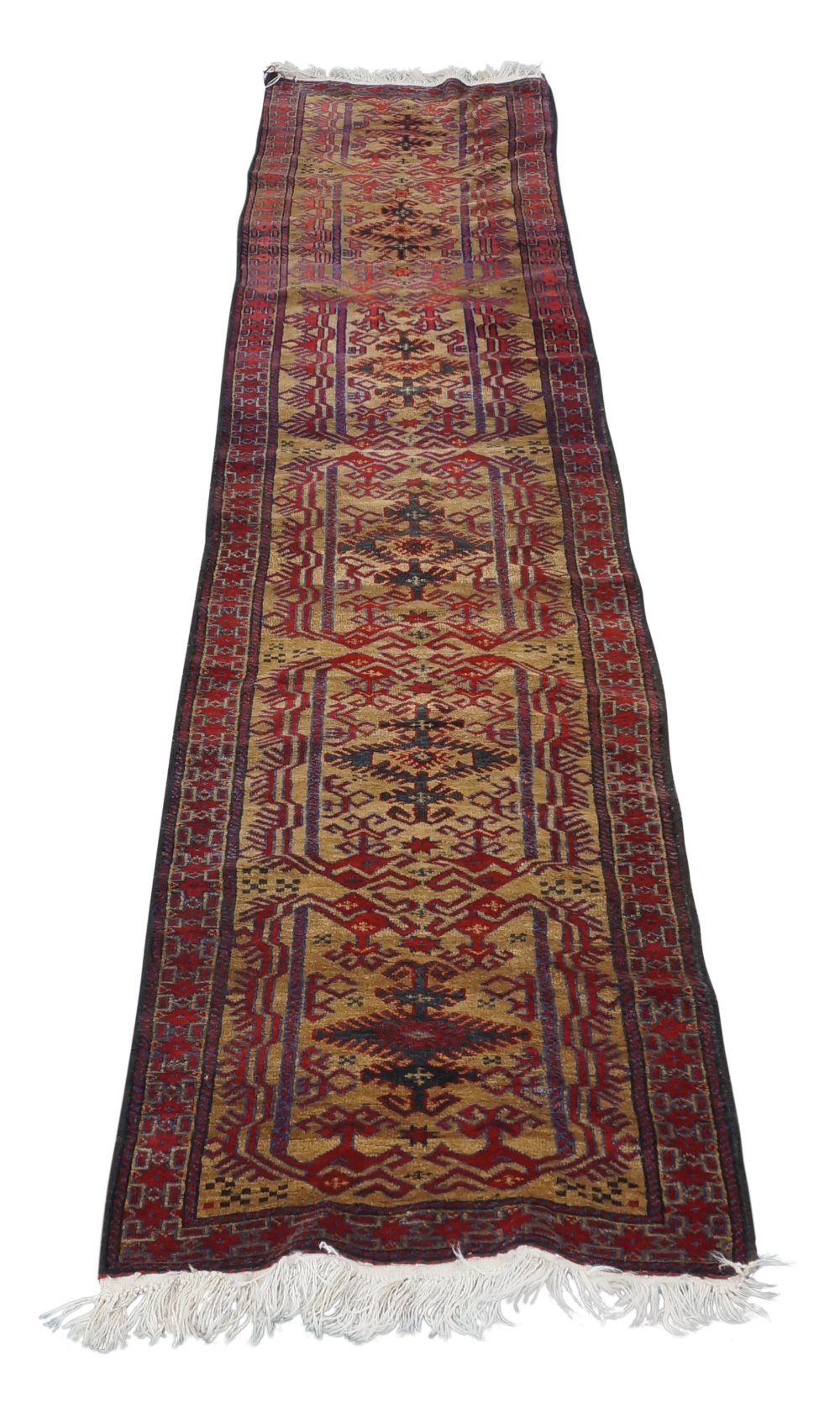 An Afghan Belouch runner, 20th century, repeating geometric motifs, on a beige ground, contained