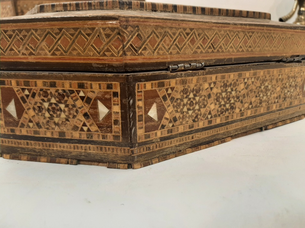 Four Middle Eastern parquetry boxes, first half 20th century, each intricately inlaid in wood, - Image 7 of 14