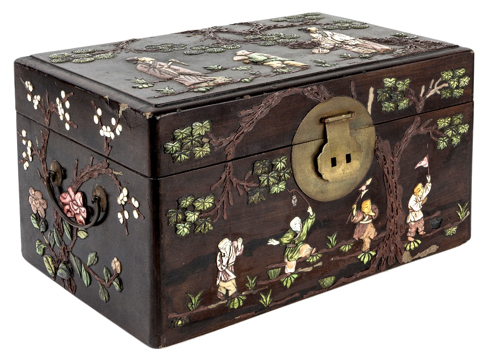 A Chinese mother-of-pearl and hardstone inlaid chest, early 20th century, inlaid in mother-of-pearl,