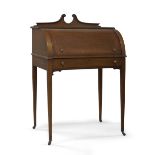 An Edwardian mahogany and satinwood crossbanded cylinder bureau, the rectangular top with broken
