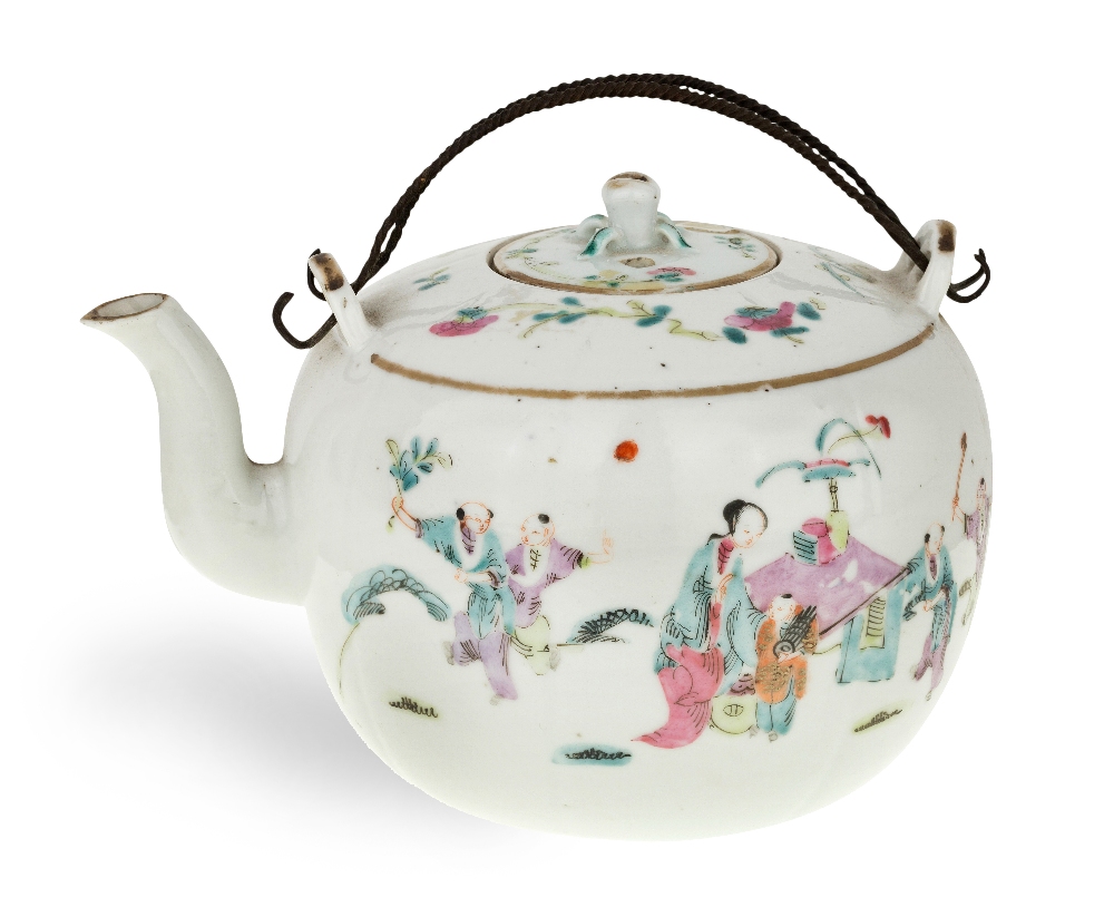 A Chinese famille rose teapot, late Qing dynasty, painted with a lady surrounded by nine boys in