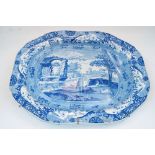A large Victorian Spode blue and white meat plate, with transfer printed scene of a European