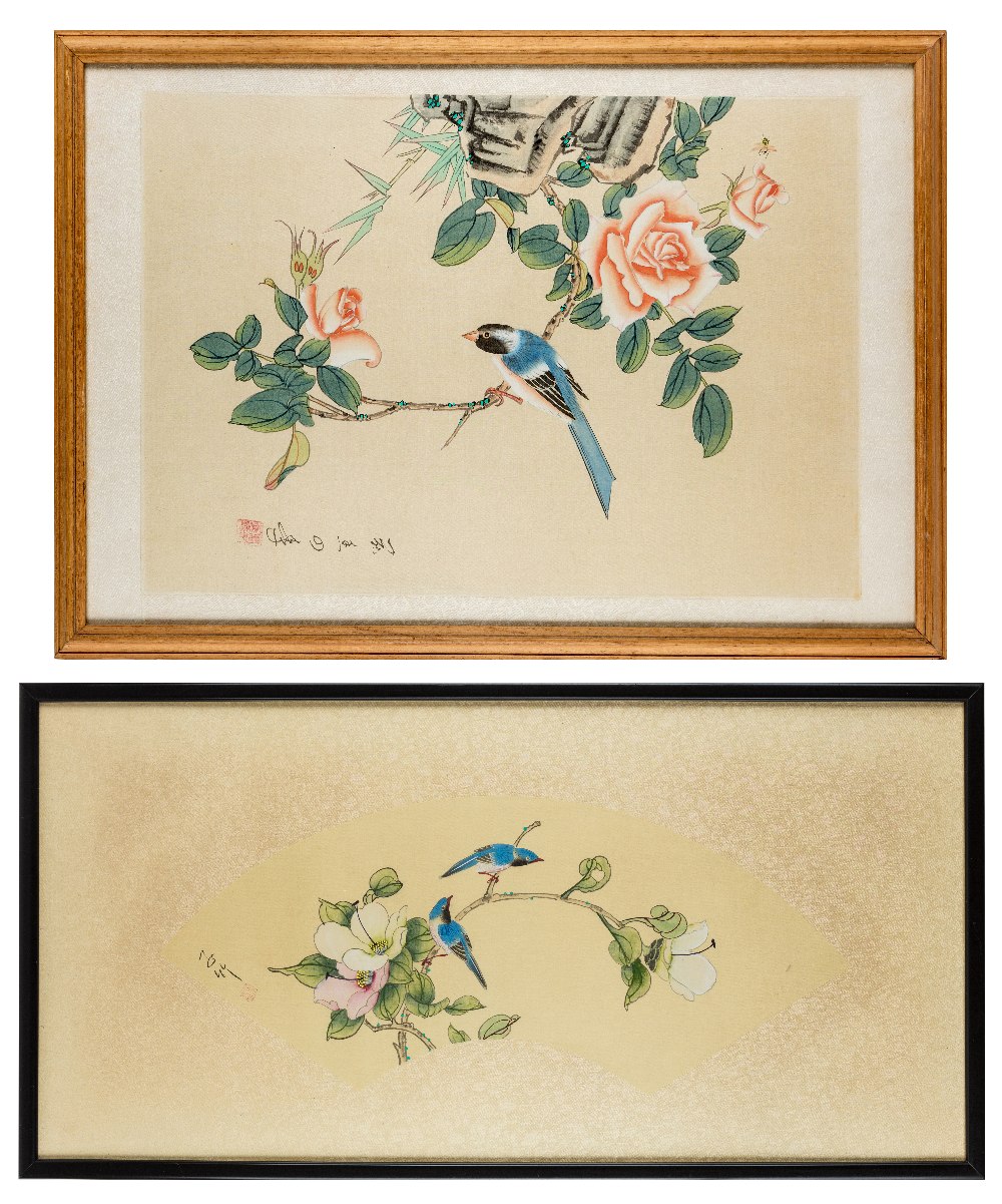 Two Japanese paintings, 20th century, comprising a fan leaf painted on silk with two blue birds