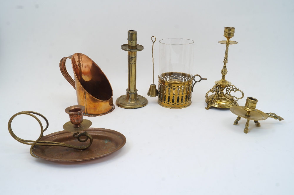 A group of candlesticks, to include a William Tonks & Sons brass candlestick, with rope twist reeded