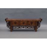 A Chinese hardwood table top chest, 20th century, in the form of an altar table, with three