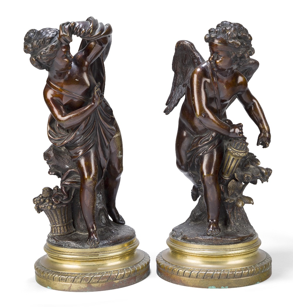 A pair of French bronze models of Cupid and a Young Girl, possibly Psyche, in the manner of Louis-