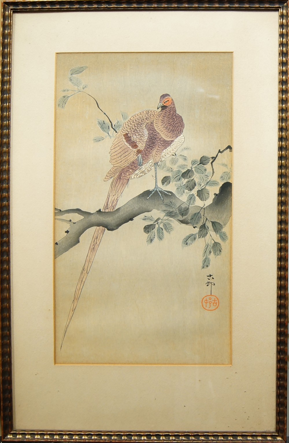 After Ohara Koson, Japanese, 1877-1945, a watercolour painting of a copper pheasant perching on a - Image 3 of 5