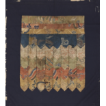 A Chinese silk temple hanging, 17th/18th century, formed of various brocaded fragments of tassel