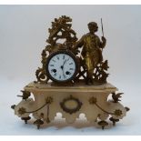 A French gilt-bronze and alabaster mantel clock, 19th century, modelled as a young man holding a