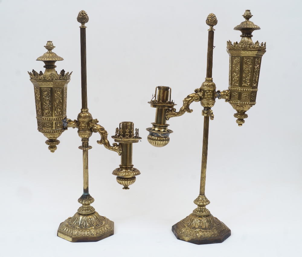 A pair of French Gothic style Colza brass oil lamps, mid 19th century, with Parker & Phillips type