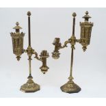 A pair of French Gothic style Colza brass oil lamps, mid 19th century, with Parker & Phillips type