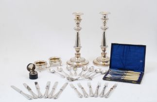 A group of silver plate, comprising: a pair of silver plated candlesticks, with knopped stems and