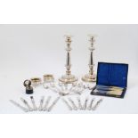 A group of silver plate, comprising: a pair of silver plated candlesticks, with knopped stems and