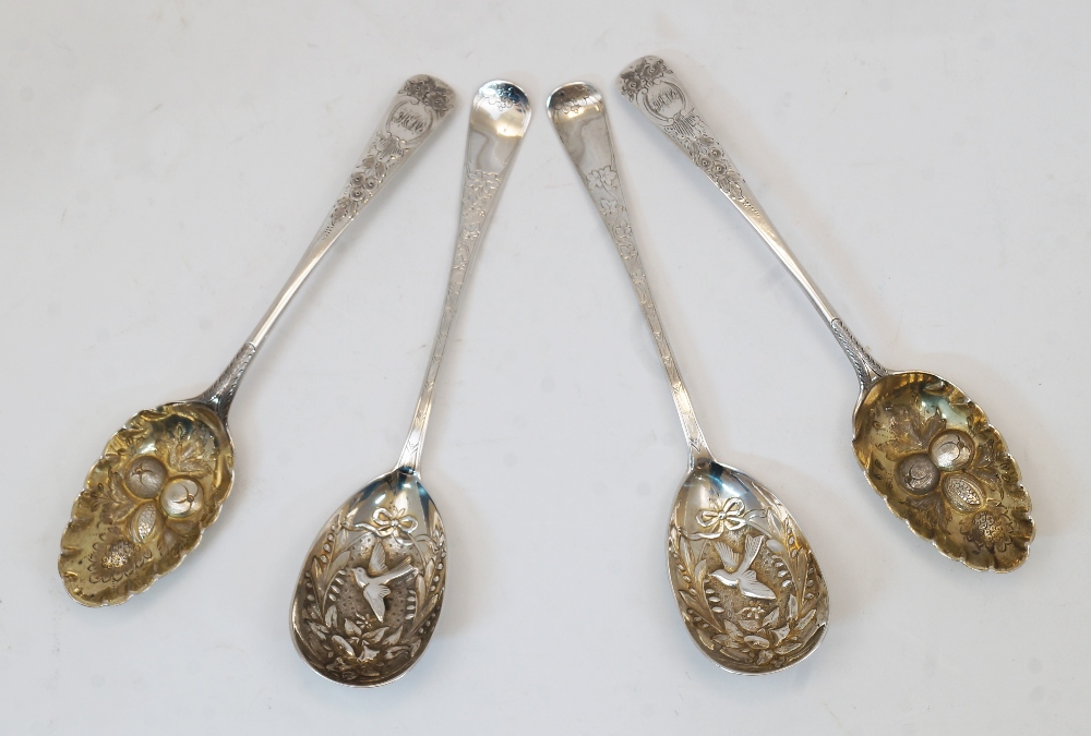 Two late 18th century later decorated silver spoons, one George Smith III, the other with indistinct