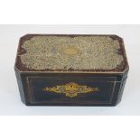 A George III brass inlaid ebonised wood tea caddy, 19th century, of rectangular form with canted