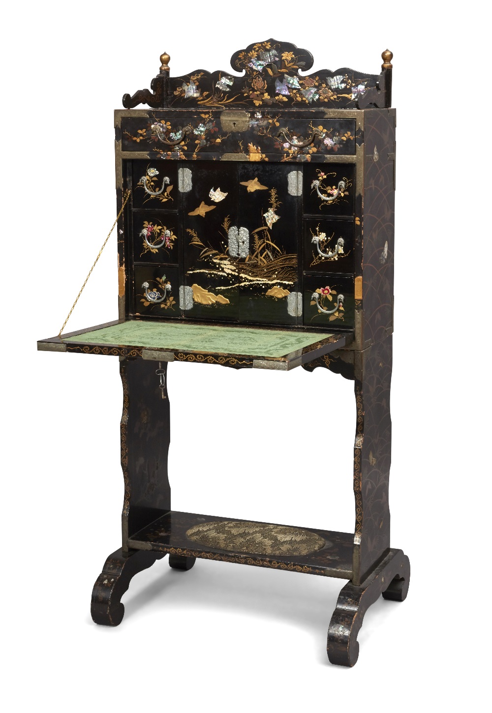 A Japanese lacquer bureau, Meiji period, the front panel lacquered and inlaid with mother of pearl - Image 2 of 2