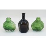 A pair of moulded green glass ‘fish scale’ vases, 20th century, 14cm high; together with a blown