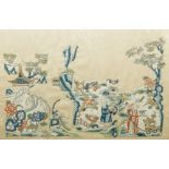 A Chinese polychrome embroidered silk panel, 20th century, depicting a landscape with two figures,