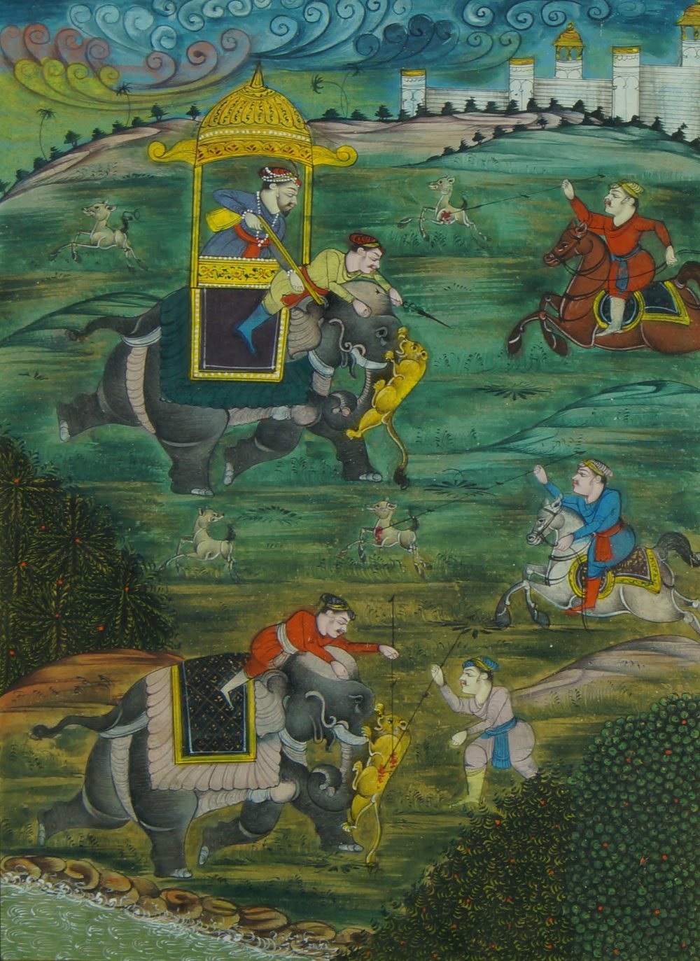 A Persian miniature painting, early 20th century, depicting a hunting scene with nobles riding