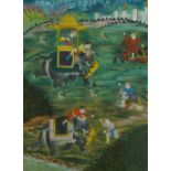 A Persian miniature painting, early 20th century, depicting a hunting scene with nobles riding