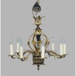 A gilt and patinated bronze eight-light chandelier, late 20th century, the open cagework body