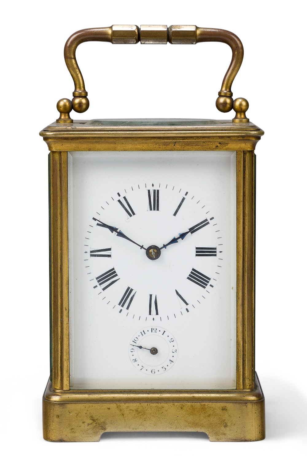 A French gilt-brass carriage clock, late 19th century, the corniche case with swing handle, the