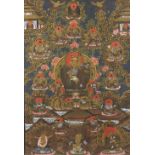 Two Tibetan thangkas, 20th century, the larger one painted on paper depicting Bhaiṣajyaguru in the
