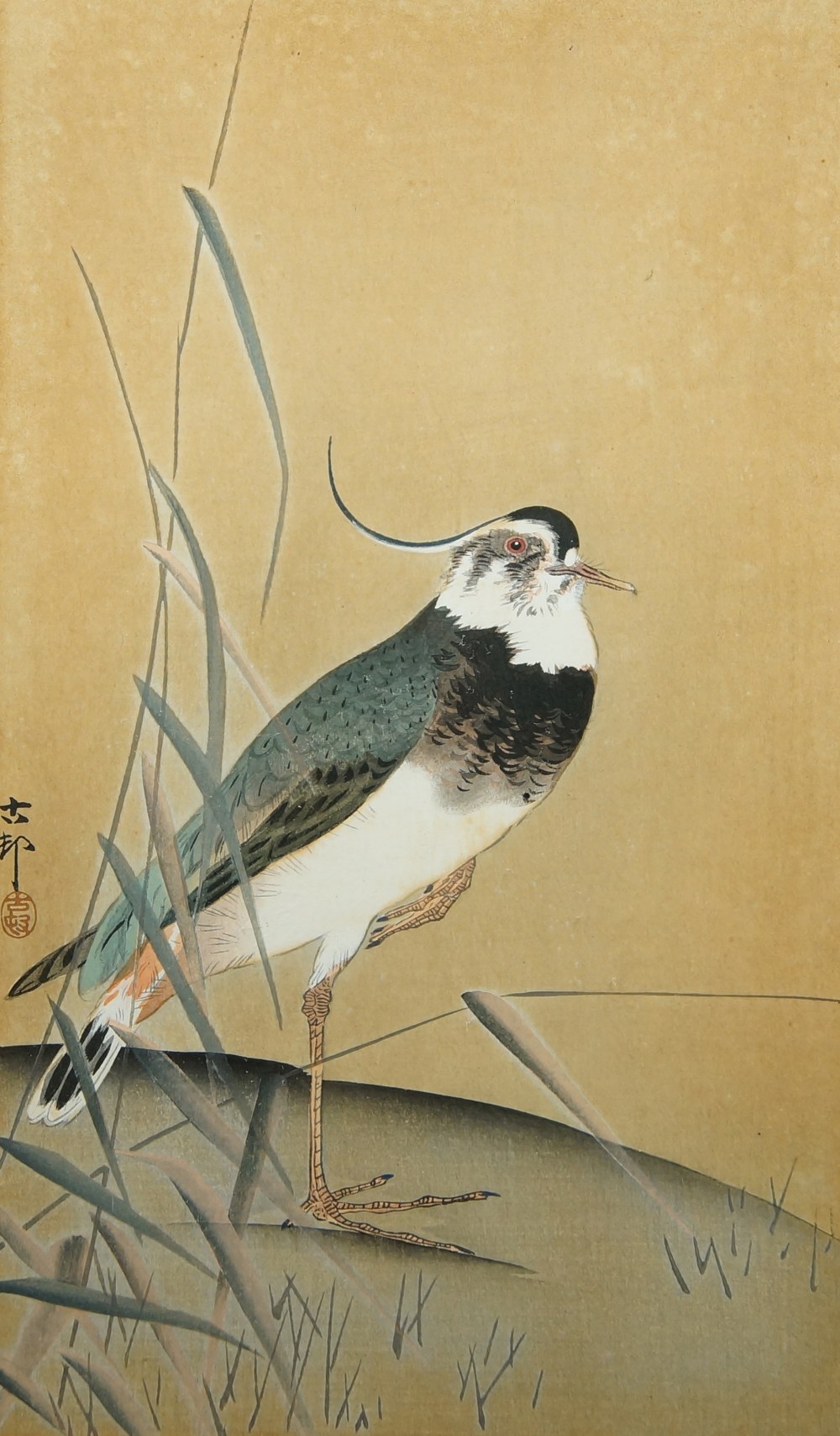 A Japanese watercolour painting of a stork, 20th century, depicting standing on one leg in a