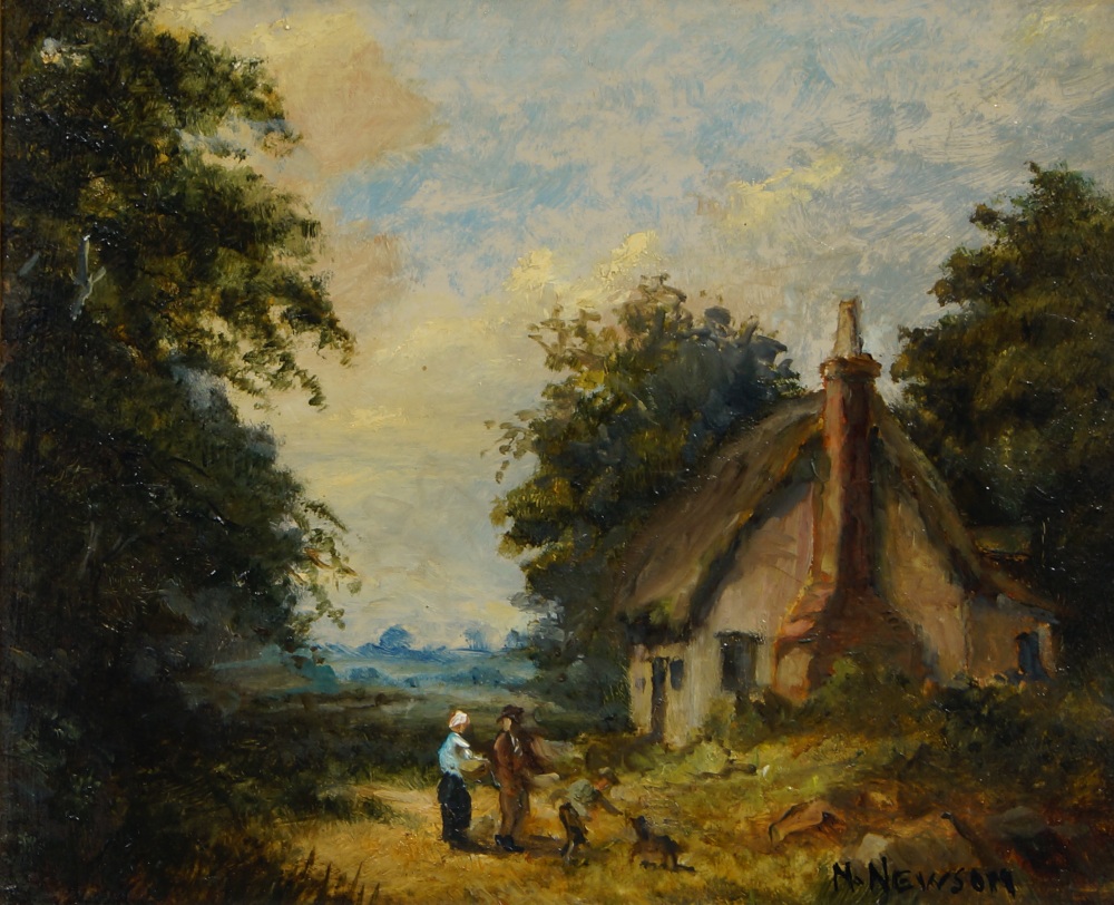 N. Newsom, British school, early 20th century- A cottage in the woods; oil on board, signed 'N.