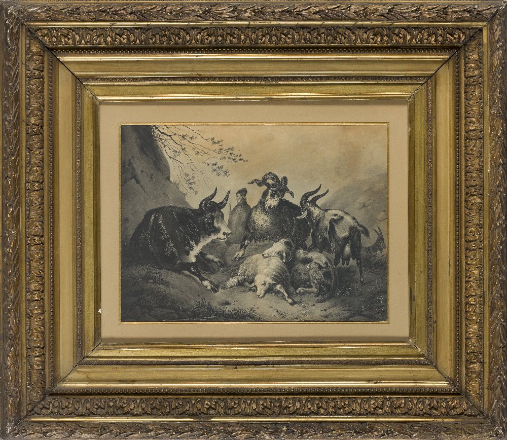 C. Lainé, French, early-mid 19th century- Goats, sheep, and a cow with a standing cloaked figure - Image 2 of 3