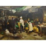 E. Lanmont, European school, mid/late 20th century- Market scene; oil on canvas, signed 'E. Lanmont'