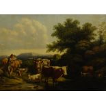 Manner of Paulus Potter, 19th century- Cattle and goats watering; over-painted oleograph, bears