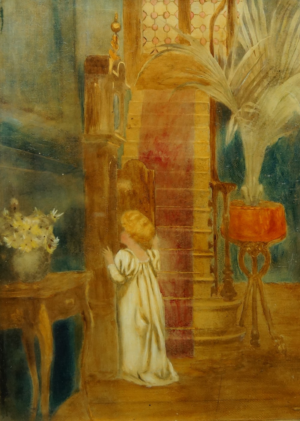 British School, late 19th century- Young girl looking inside a grandfather clock; oil on paper