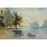 British School, 20th century- River landscape; pencil and watercolour heightened with white on