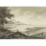 Sawrey Gilpin, RA, British 1733-1807- A hilly landscape with a lake and two figures; grey wash on