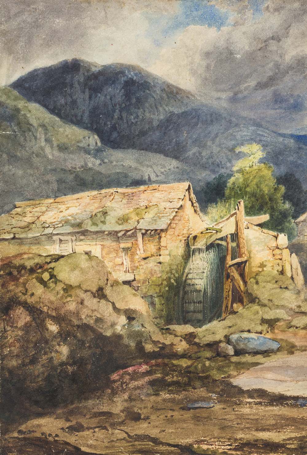 James Holland, RWS, British 1799-1870- View of a water mill; watercolour heightened with