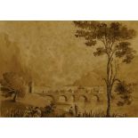 George Cuitt Jnr., British 1779-1854- Landscape with figures by a stream, near Chester; pencil, ink,