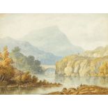 Ralph W. Lucas, British 1796-1874- Mountainous landscape with river; watercolour on paper, bears