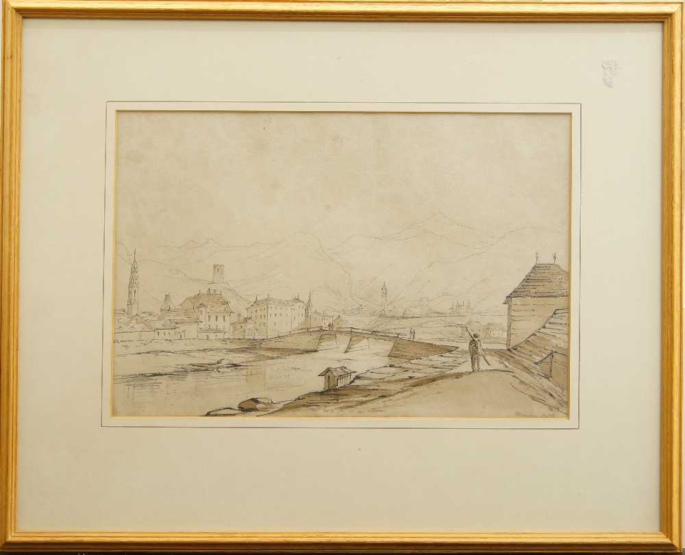 Sarah Grace Carr, British 1794-1837- The Bridge; pencil and brown ink on paper, inscribed and - Image 2 of 3