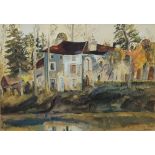 European School, mid-20th century- View of a house by a river; pencil, watercolour, and gouache