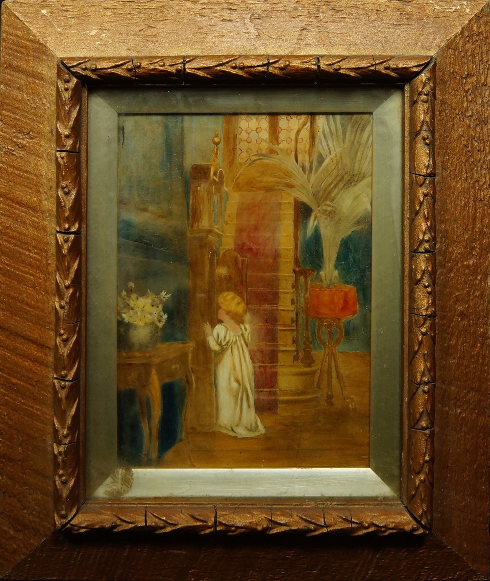 British School, late 19th century- Young girl looking inside a grandfather clock; oil on paper - Image 2 of 3